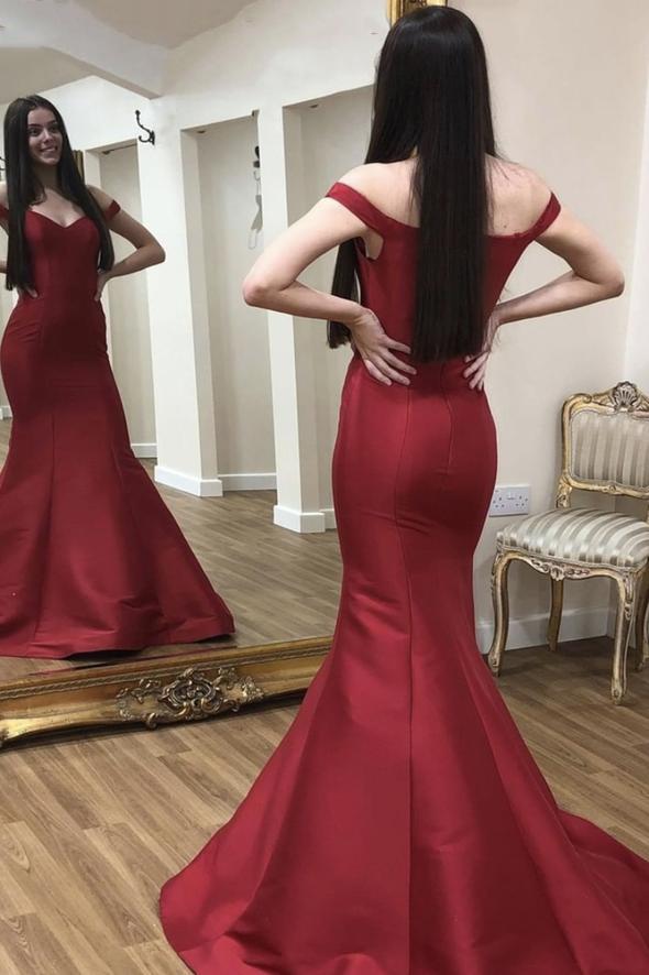 Burgundy satin long prom dress mermaid evening dress cg23207