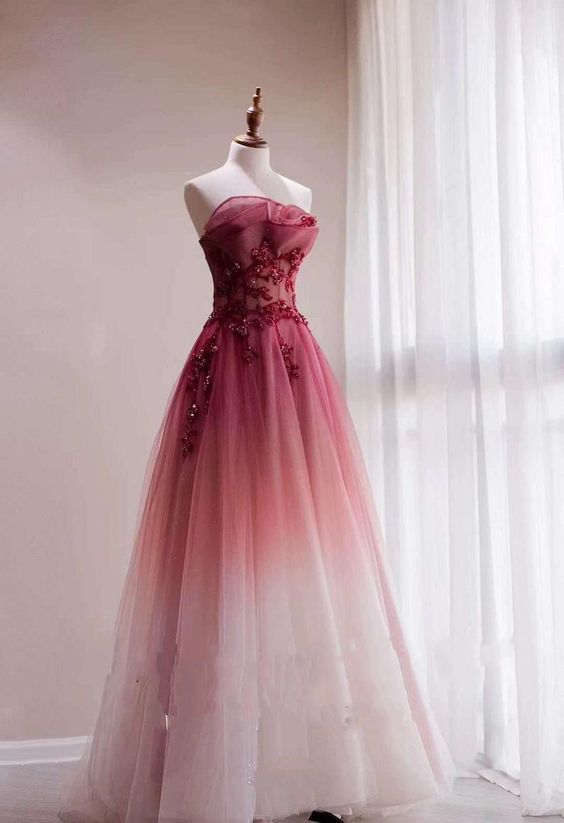 Red Gradient Prom Dress Vintage Wedding Dress Red Strapless Party Dress with Beaded Bridal Dress cg23240