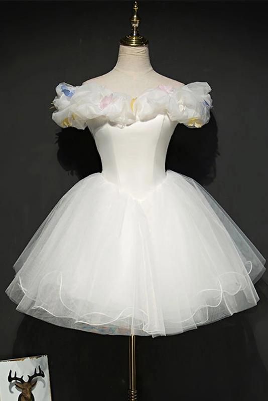 Ivory Off the Shoulder Princess Tulle Homecoming Dress, Mini Puffy Sweet 16 Dress cg23269