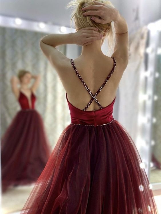 Elegant V Neck Backless Burgundy Long Prom Dresses, V Neck Wine Red Formal Graduation Evening Dresses cg23276