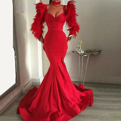 Red Fur Satin Mermaid Long Sleeve Evening Party Prom Dress Celebrity Formal Gown cg23288