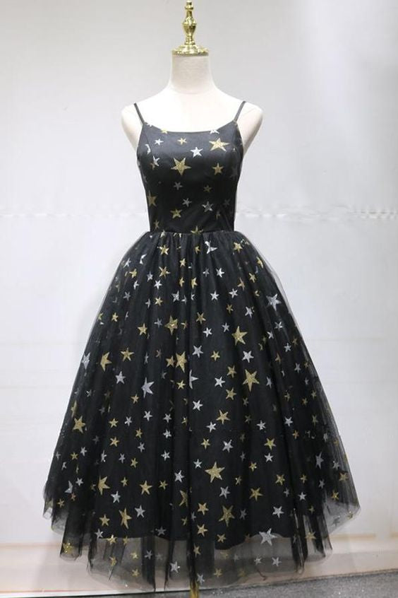 Unique Black Star Printed Tulle Open Back Short Cocktail Dress Homecoming Dress cg23293