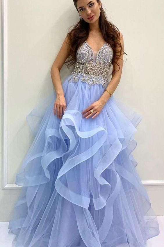 beaded A-line blue tiered long formal dress party dress Prom Dresses cg23300