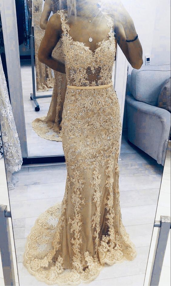 Elegant champagne lace mermaid prom dresses sweetheart spaghetti straps formal gown for school event cg23303
