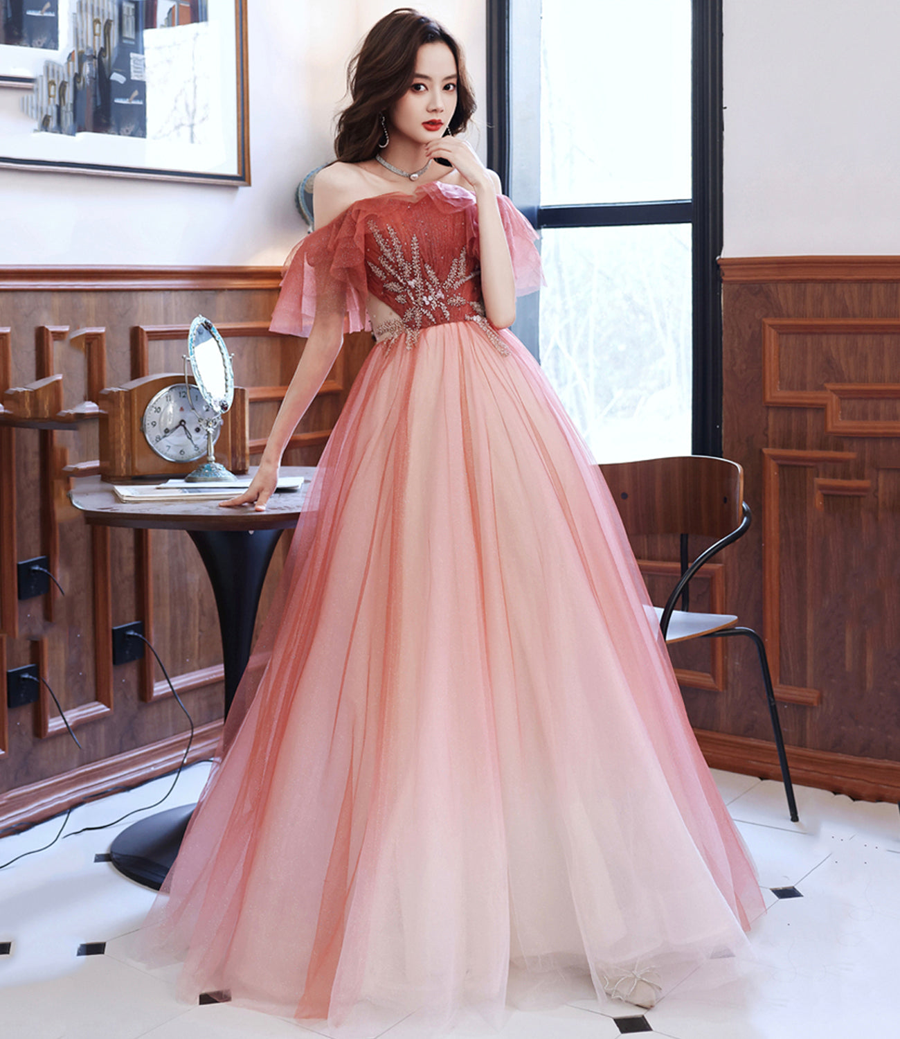 STYLISH TULLE LONG A LINE PROM DRESS EVENING DRESS cg23306