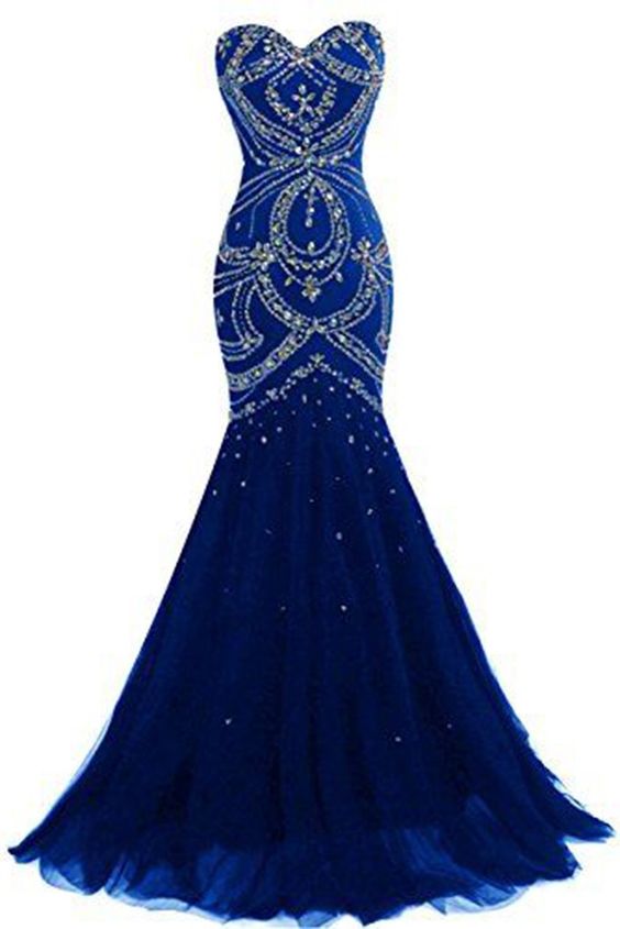 Luxury navy blue tulle sweetheart sequins beaded backless mermaid long prom dresses, evening dresses cg23326