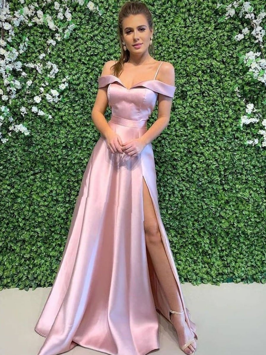 Simple pink off shoulder long prom dress, pink evening dress cg23334