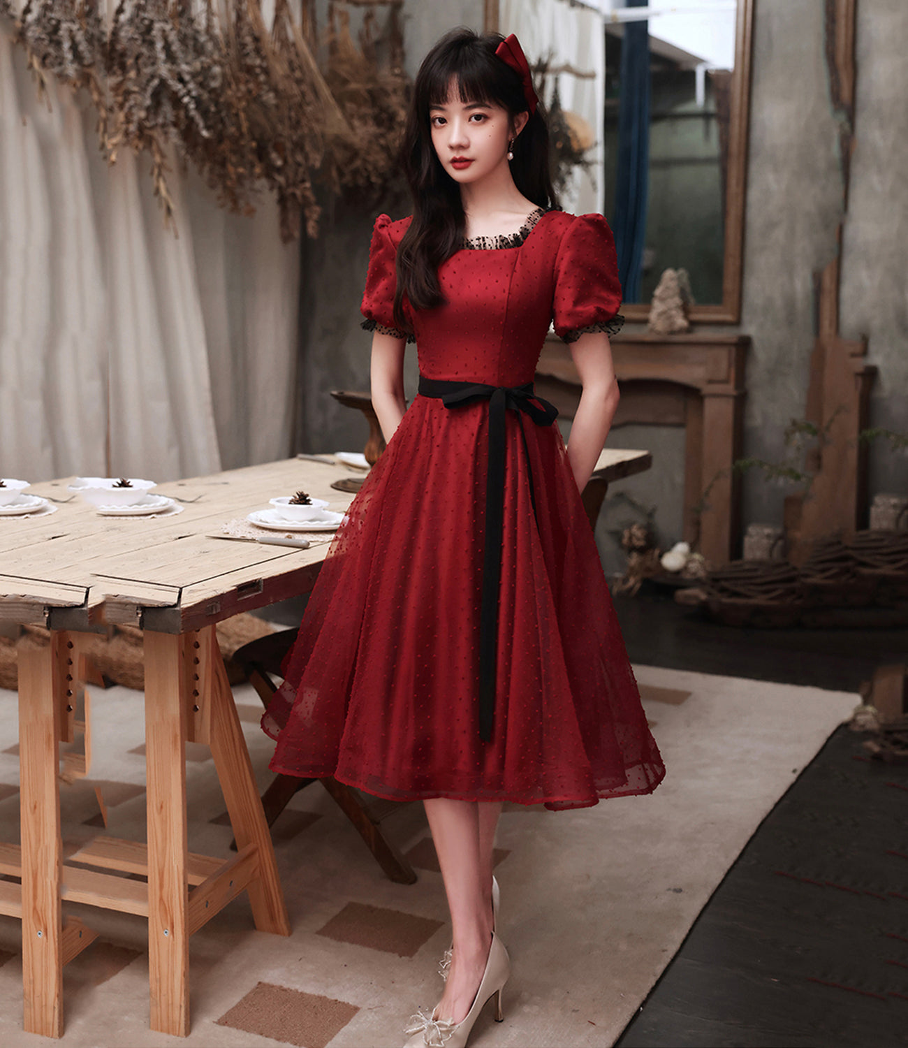 BURGUNDY TULLE SHORT A LINE DRESS HOMECOMING DRESS cg23357