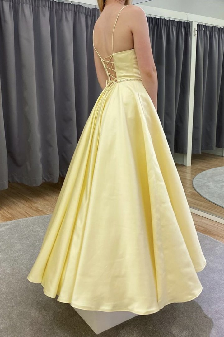 Yellow satin long A line prom dress yellow evening dress cg23363