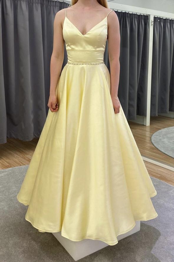 Yellow satin long A line prom dress yellow evening dress cg23363