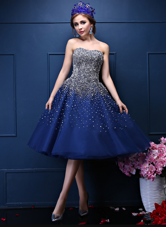 Navy Blue Sequins Sweetheart Tulle Knee Length Party Dresses, Blue Homecoming Dresses cg23371