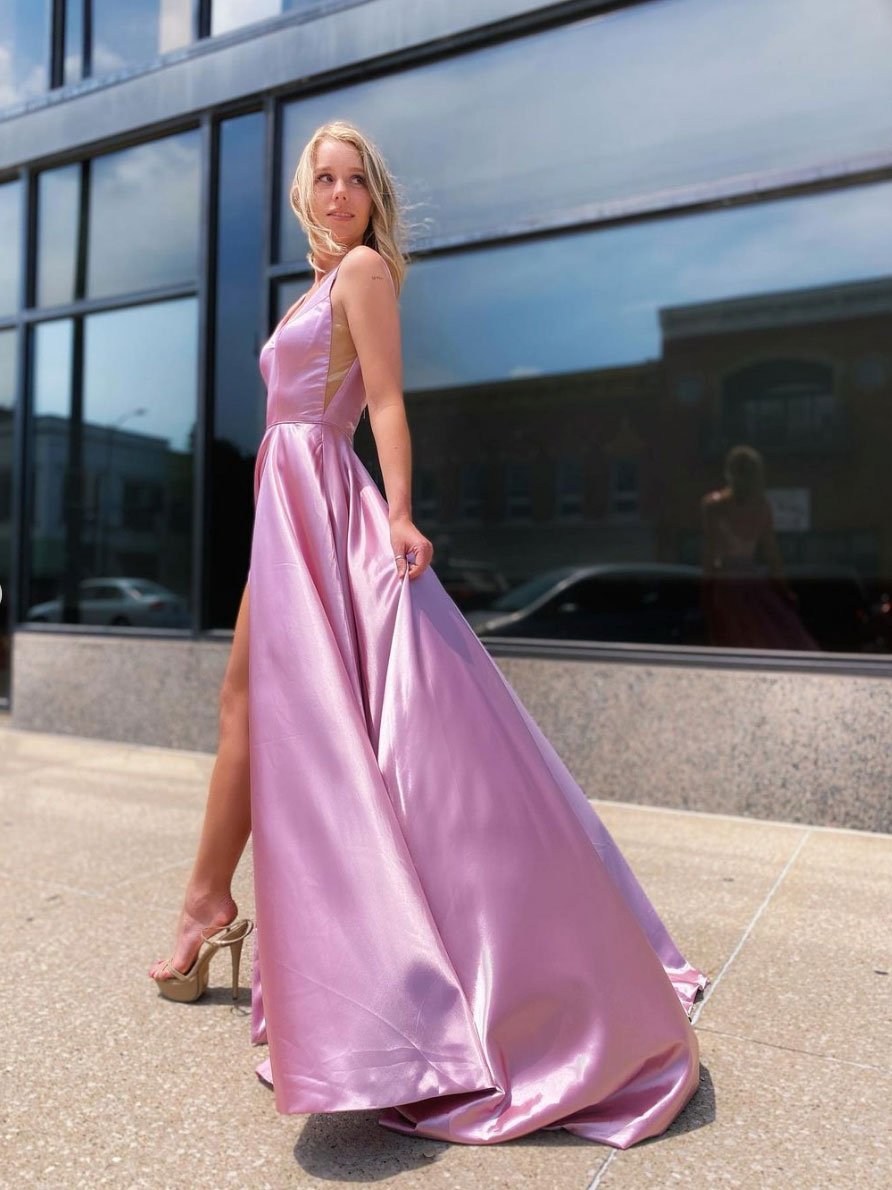 Simple pink satin long prom dress, pink long bridesmaid dress cg23373
