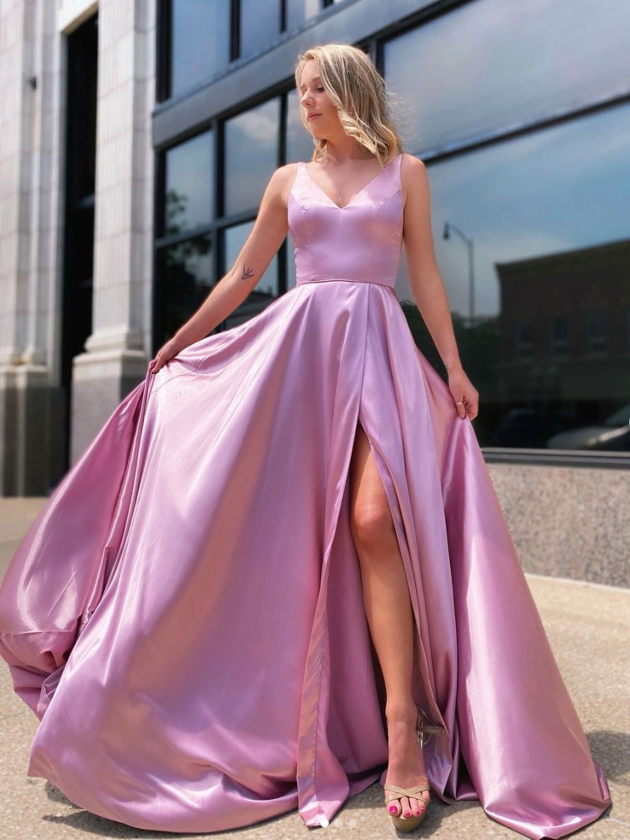 Simple pink satin long prom dress, pink long bridesmaid dress cg23373