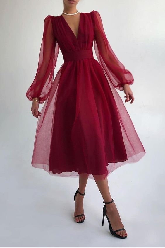 Tulle Burgundy Short Prom Dress with Sheer Sleeves cg23379