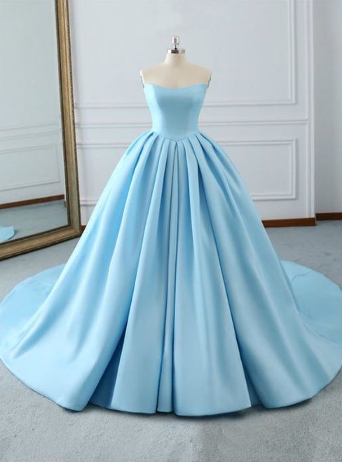 Fashion Blue Ball Gown Strapless Pleats Wedding Dress With Train long prom evening dress formal gown cg23417