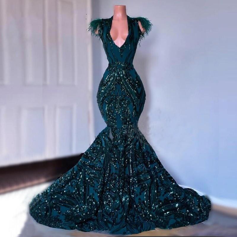 African Black Girls Court Train Feather V Neck Sexy Formal Party Gowns prom dress cg23460