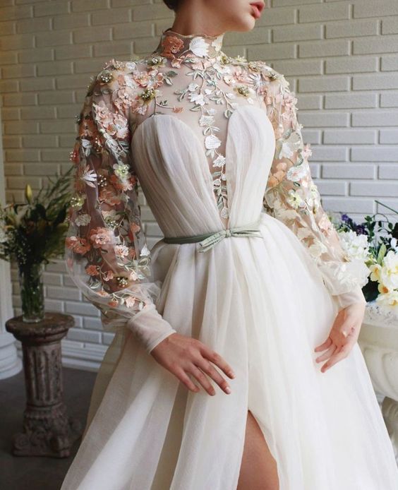 Princess A-Line High Neck Long Sleeve White Lace Embroidery Prom Dress,Side Slit Wedding Dress cg23479