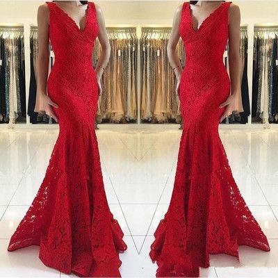 Red Sexy Mermaid Lace Prom Dresses V-Neck Sleeveless Cheap Evening Dresses cg23480