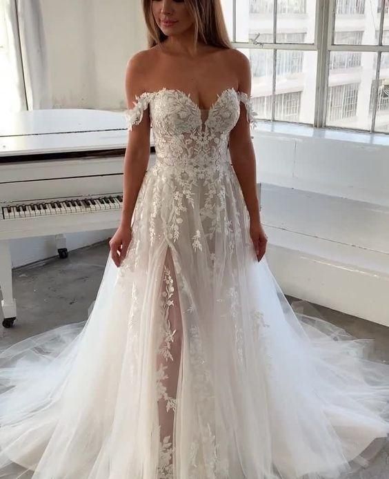 Off the shoulder white lace prom dress cg23484