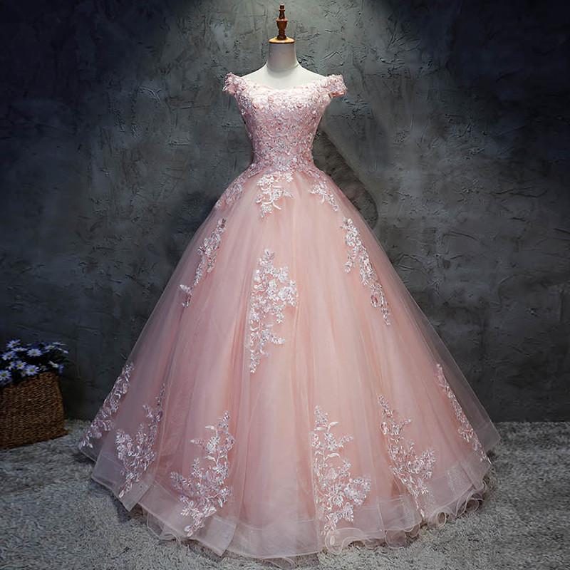Pink Cap Sleeves Ball Gown Tulle With Lace Sweet 16 prom Dresses, Long Quinceanera Dresses cg23502