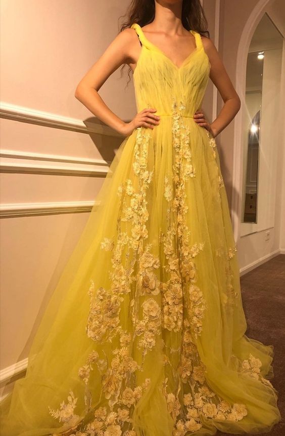 yellow tulle long prom dress, yellow evening dress cg23528