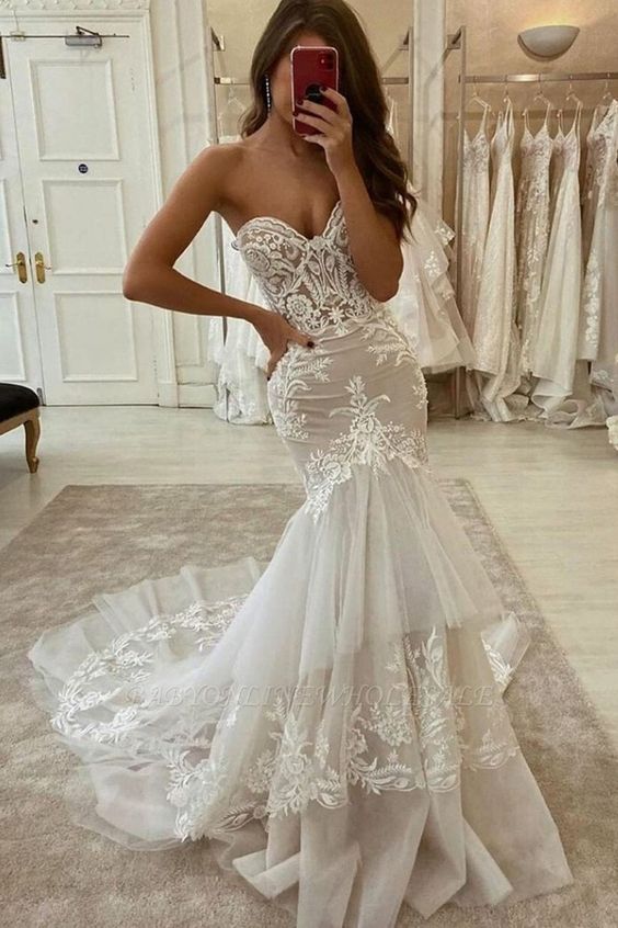 Elegant Sweetheart Tulle Lace Mermaid Wedding Dress Two-layer Trailing prom dress cg23534