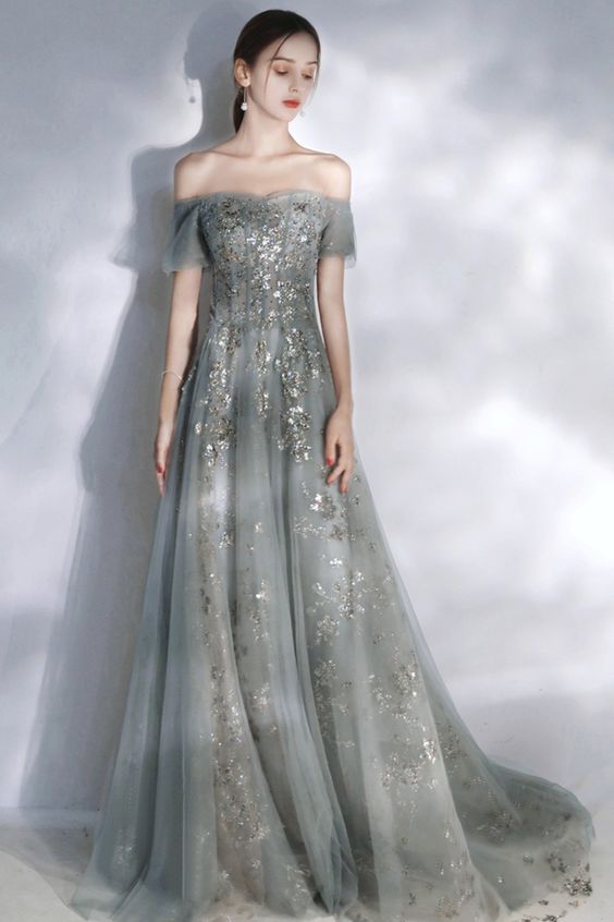 Sweetheart Neck Long Tulle Gray Dress, A Line Sequins Dress Prom Dress cg23550