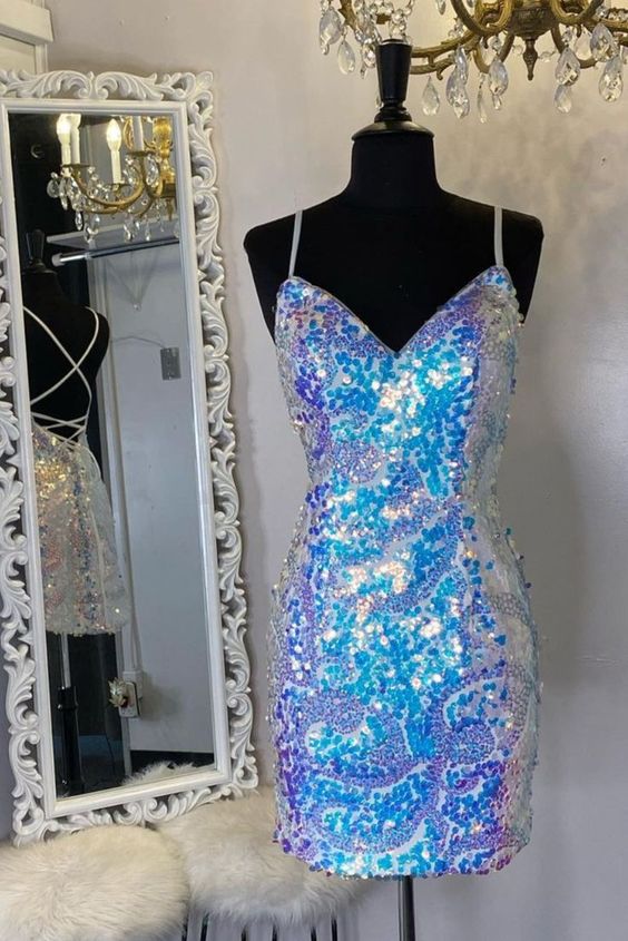 spaghetti straps tight blue sequins homecoming dress party dress cg23566