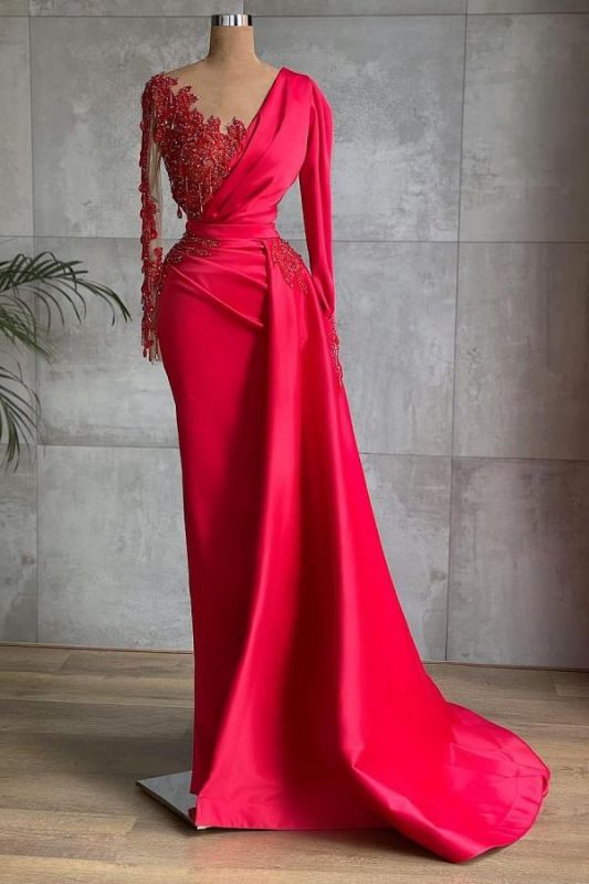 Chic Satin Long Sleeves Ruby Lace Appliques Ruffles Mermaid Prom Dresses cg23570