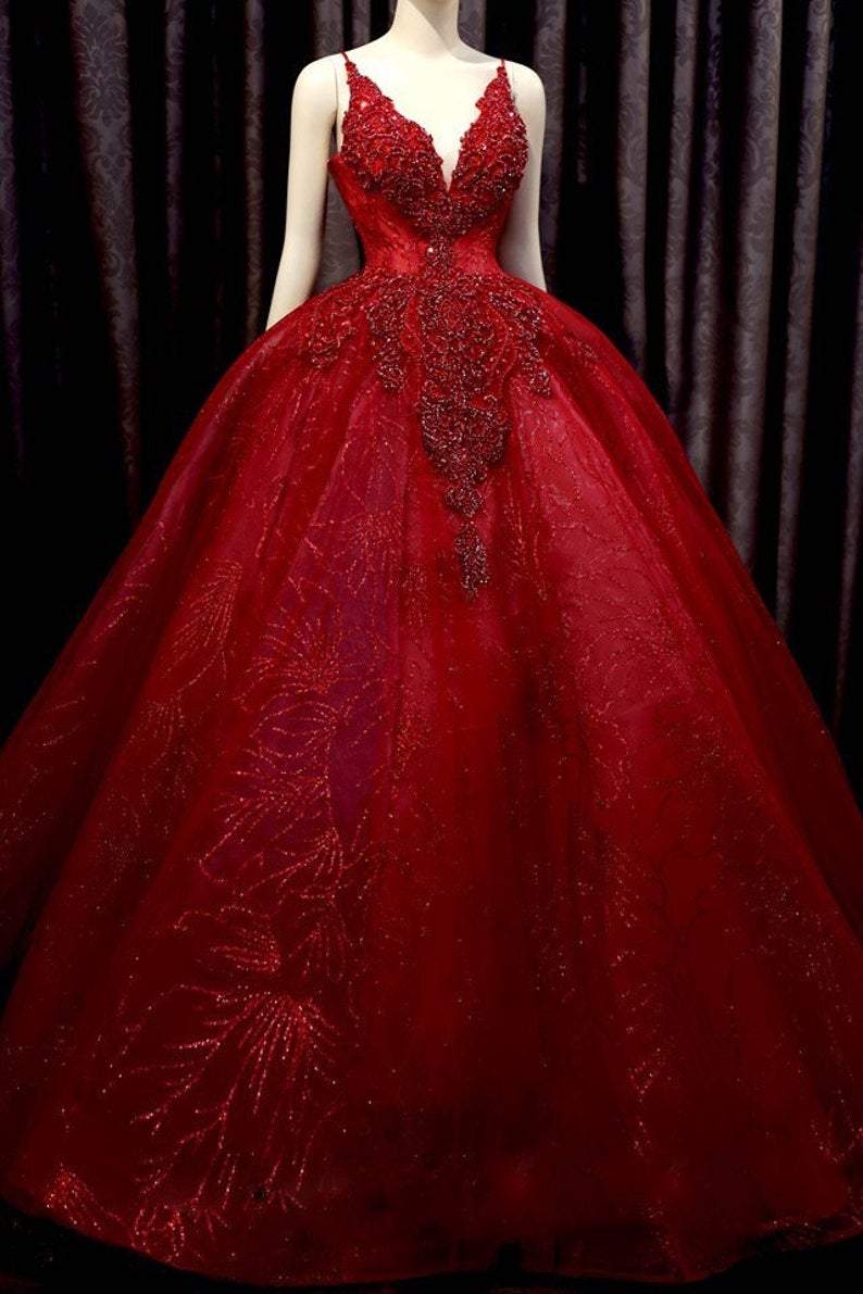 Deep red sparkle beaded thin strap V neck ball gown wedding dress with bow back, sweep train & glitter tulle Prom Dress cg23574