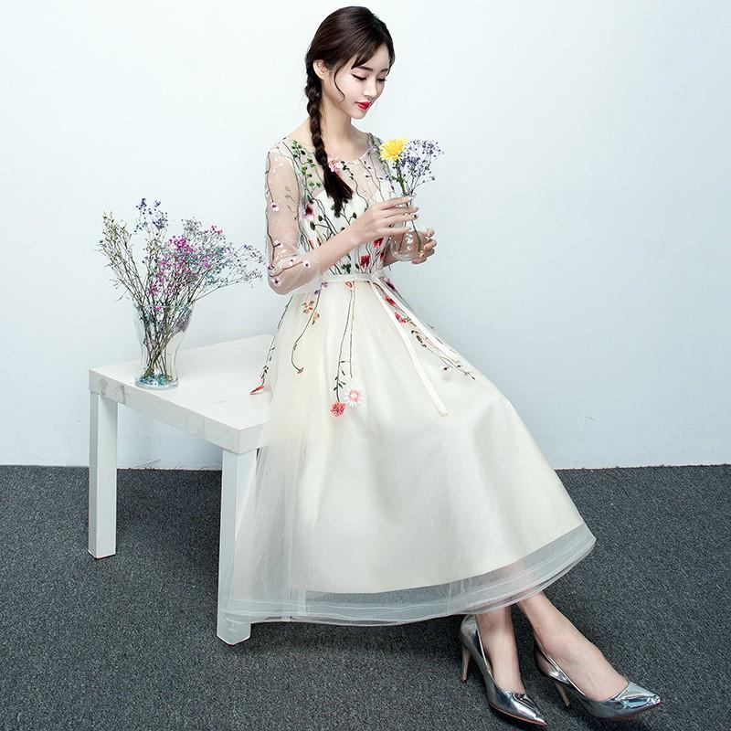 Light Champagne Tea Length Floral Lace Formal Dress Bridesmaid Dress, Cute Short Party Dresses prom dress, evening dress cg23602