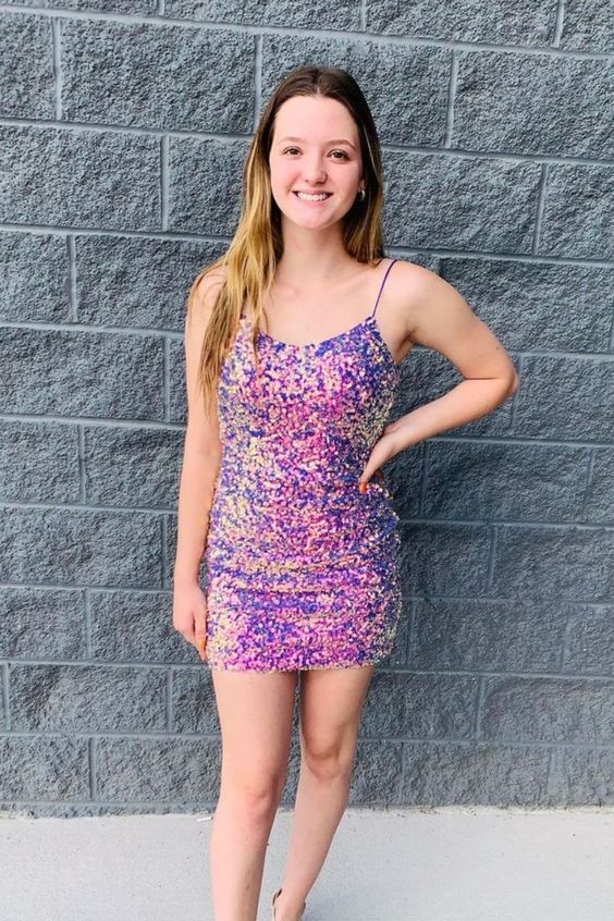 Tight Lilac Sequined Short Party Dress Homecoming Dress cg23603