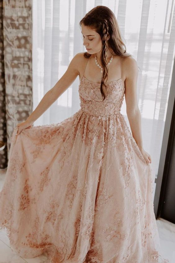 2022 pink A-line lace long prom dress with lace up back cg23610