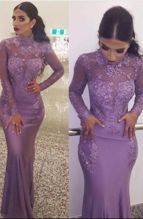 Elegant High Neck Long Sleeve Prom Dresses Long Lace Appliqued cg23617