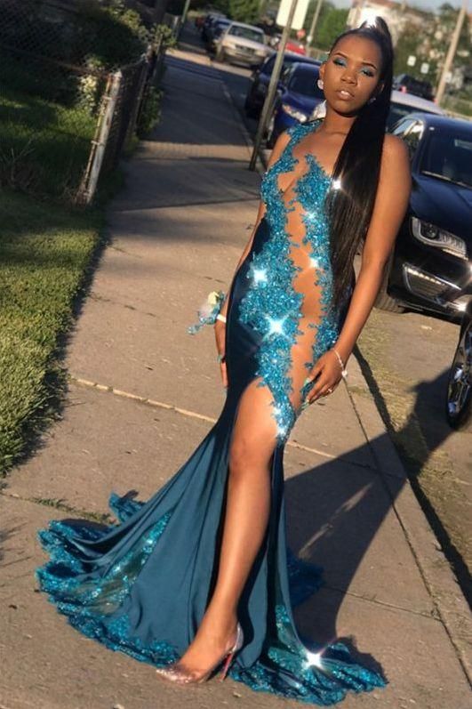 One Shoulder Sparkling Sequins Mermaid Black Girl Prom Dresses cg23620