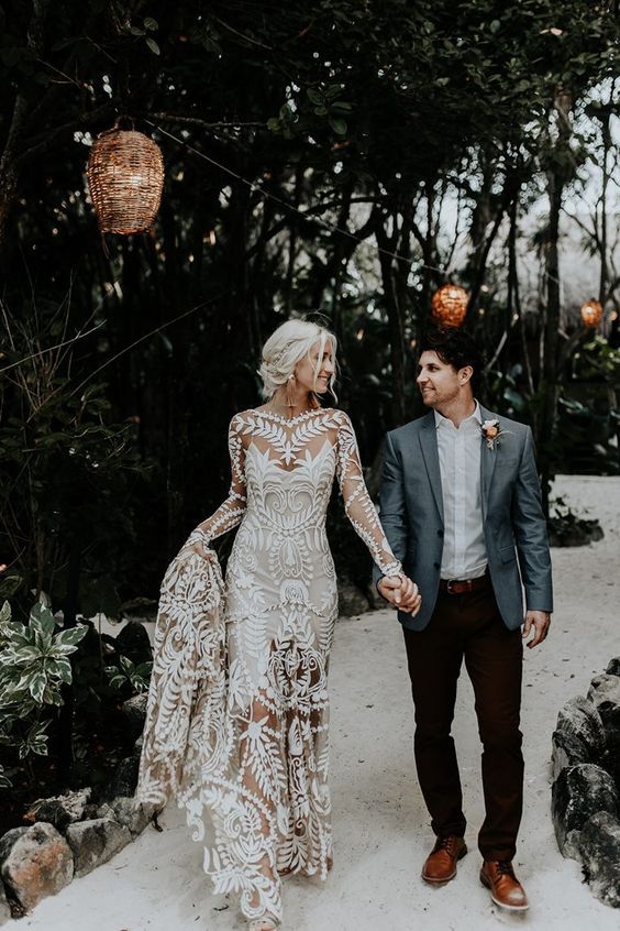 Sexy Mermaid Prom Dresses Boho Lace Long Sleeves Spring Wedding Dresses cg23630