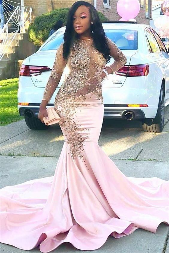 Sexy Mermaid Prom Dresses Long Sleeves Pink Satin Scoop See Through cg23629