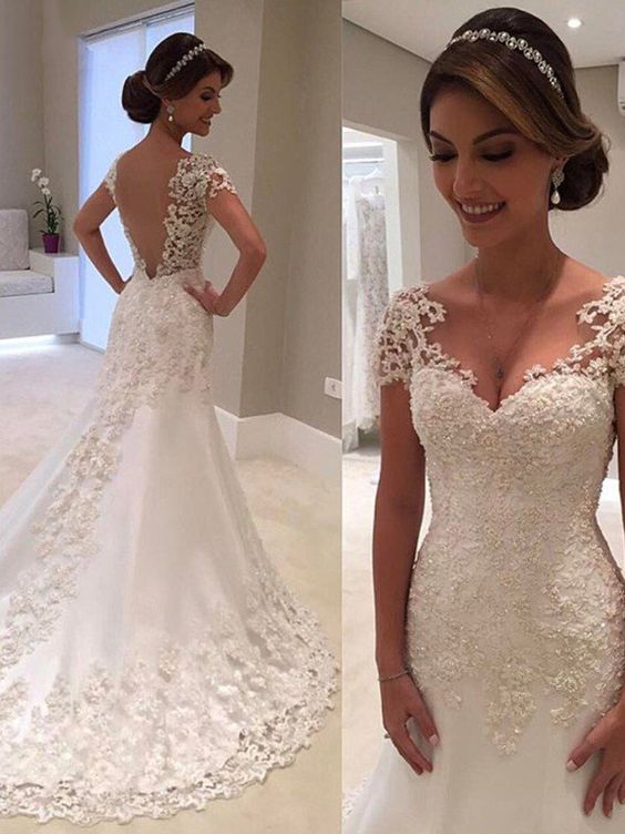 Sexy Mermaid Prom Dresses Mermaid Short Sleeves Sweetheart Sweep/Brush Train Lace Wedding Dresses cg23640