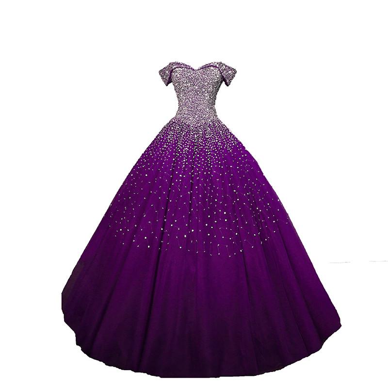 Purple Sequins Off Shoulder Ball Gown Sweet 16 Gown, Lace-Up Tulle Purple Formal prom Dresses cg23652