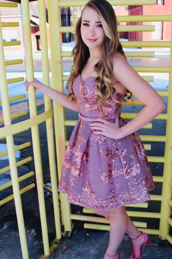 sweetheart rose gold sequins A-line short homecoming dress cg23673