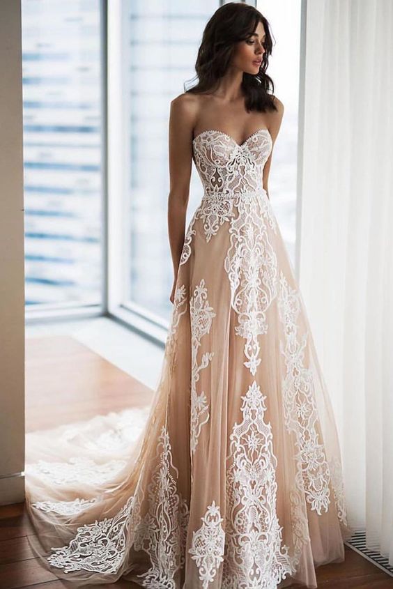 Princess Long A-line Sweetheart Peach Wedding Prom Dress with Lace Appliques cg23682