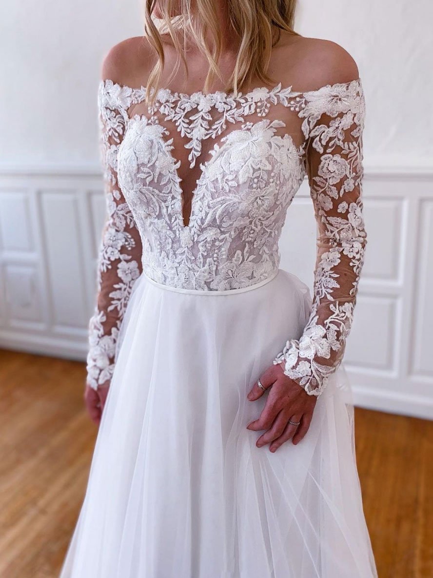 White lace tulle long prom dress, white lace tulle evening dress cg23701