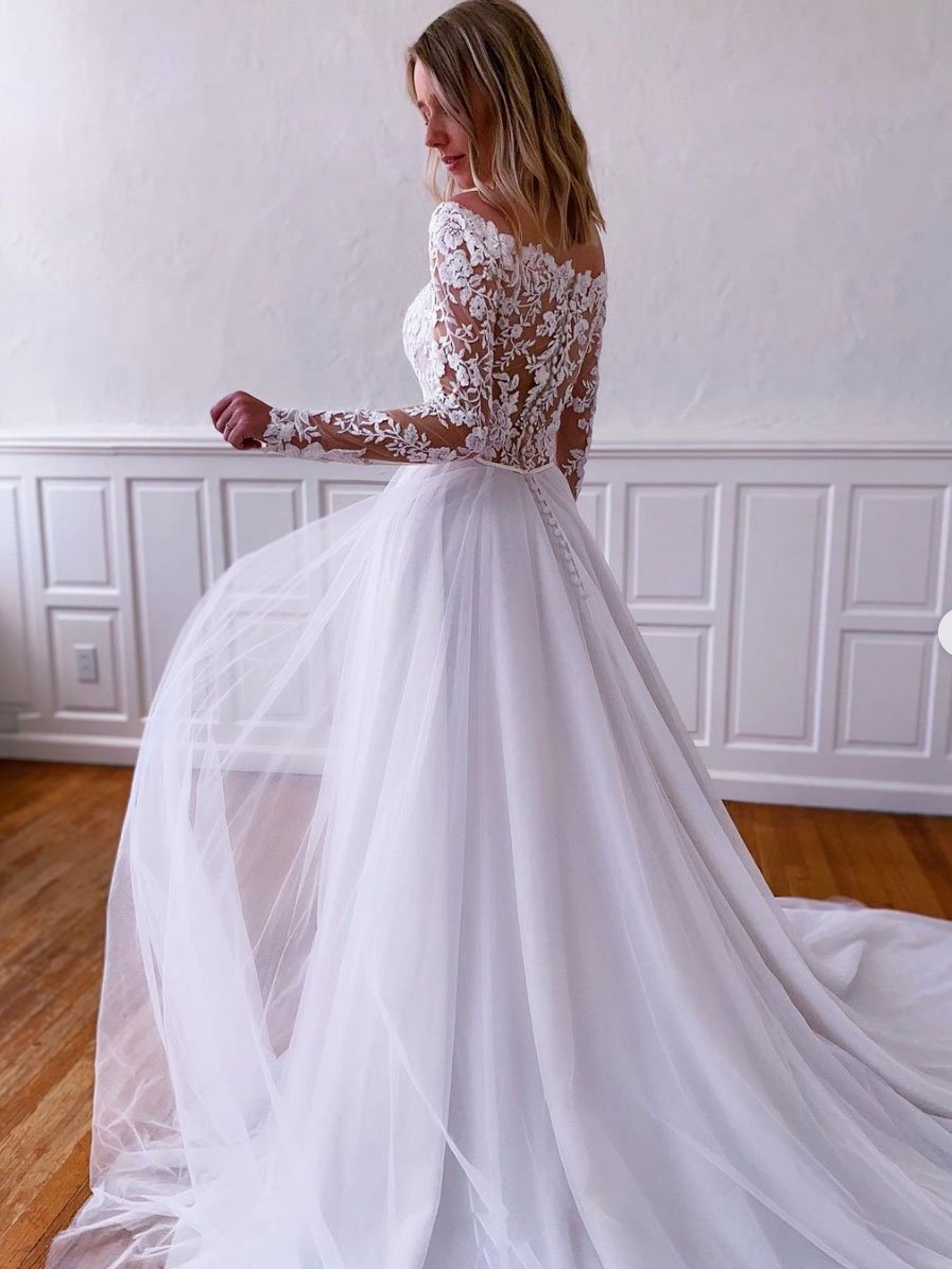 White lace tulle long prom dress, white lace tulle evening dress cg23701