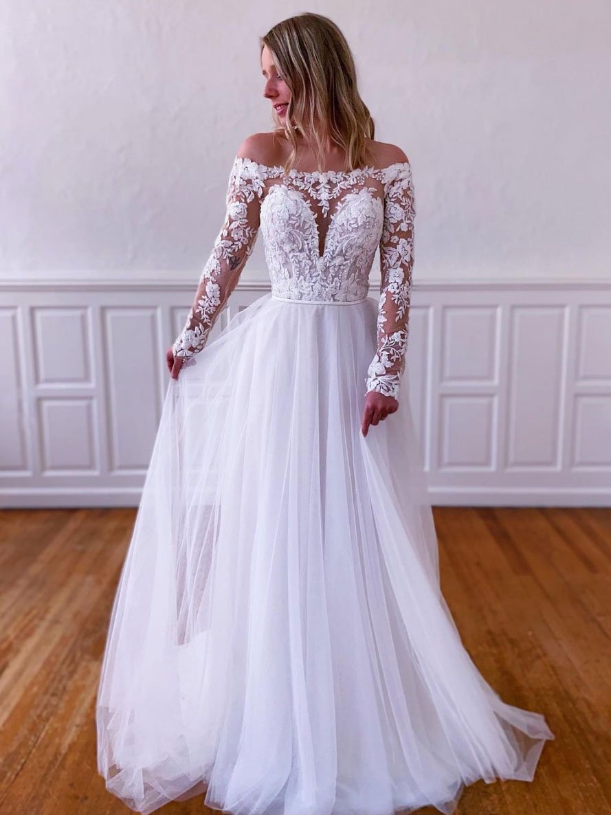 White lace tulle long prom dress, white lace tulle evening dress cg23701