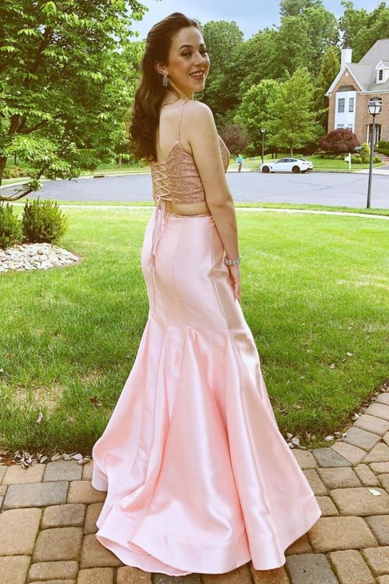twp piece prom dress combines with spaghetti straps sequins top and mermaid skirt cg23708