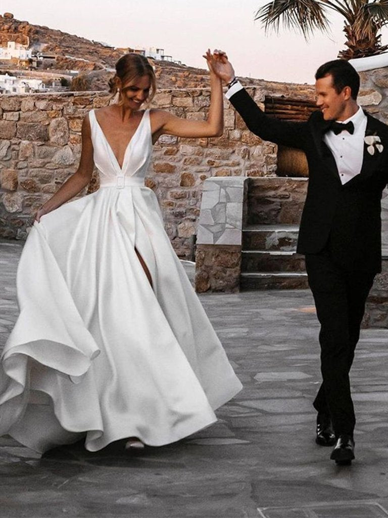 V Neck and V Back White Satin Long Prom Dresses with High Slit cg23712