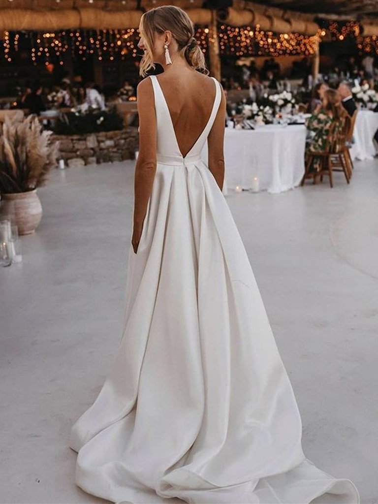 V Neck and V Back White Satin Long Prom Dresses with High Slit cg23712