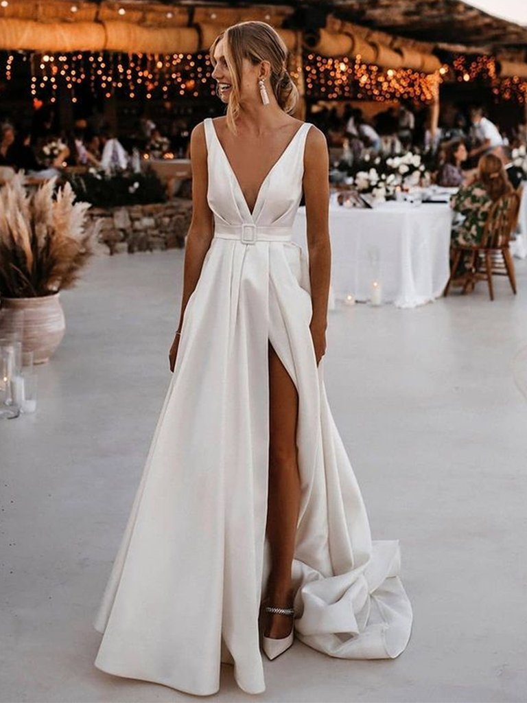 V Neck and V Back White Satin Long Prom Dresses with High Slit cg23712