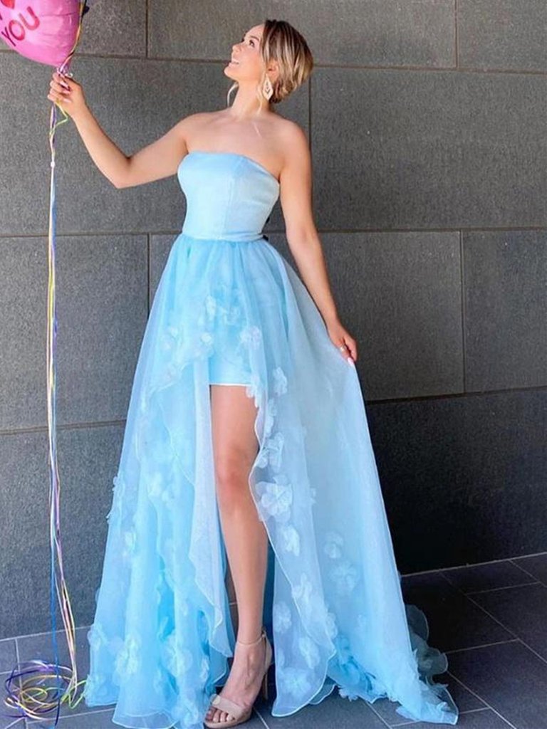High Low Strapless Light Blue Floral Long Prom Dresses with Slit cg23714