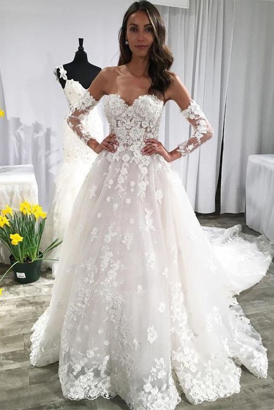 A Line Long Sleeves Ivory Lace Appliques Beads Sweetheart Long Wedding Dresses Prom Dress with Lace cg23727